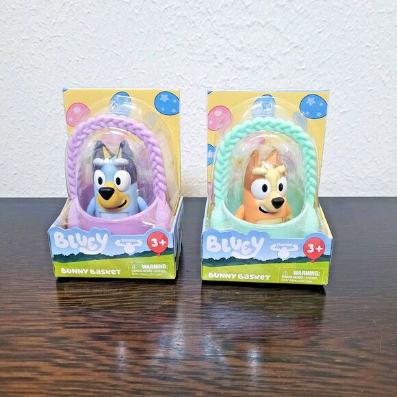 NEW Bluey & Bingo Bunny Basket  3” Figure Set of 2 w Sticker Sheet Green Purple - Picture 1 of 11